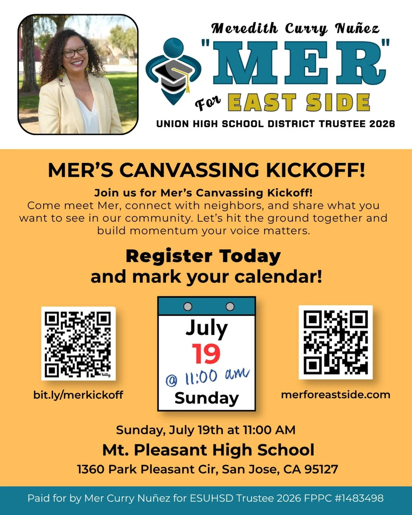 Join us for Mer&rsquo;s canvassing kickoff! July 19, 11am
Mt. Pleasant High School, 1360 Park Pleasant Ct, San Jose, CA 95127
bit.ly/merkickoff
merforeastside.com