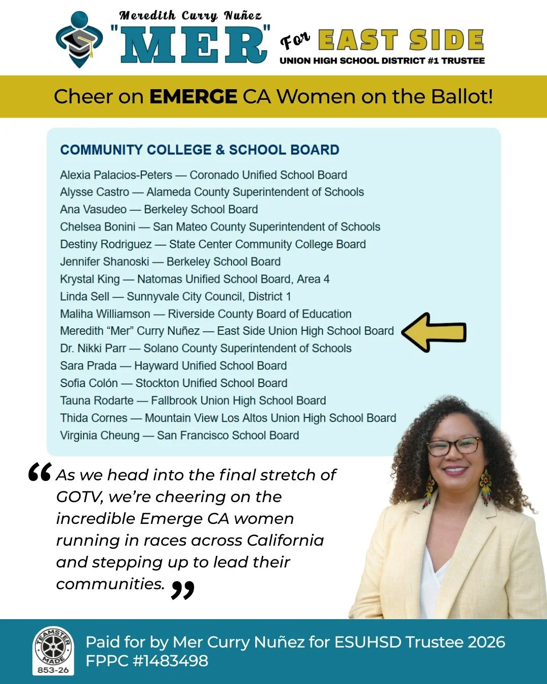Cheer on EMERGE CA Women on the Ballot!

As we head into the final stretch of GOTV, we&rsquo;re cheering on the incredible Emerge CA women running in races across California and stepping up to lead their communities.
~ Mer