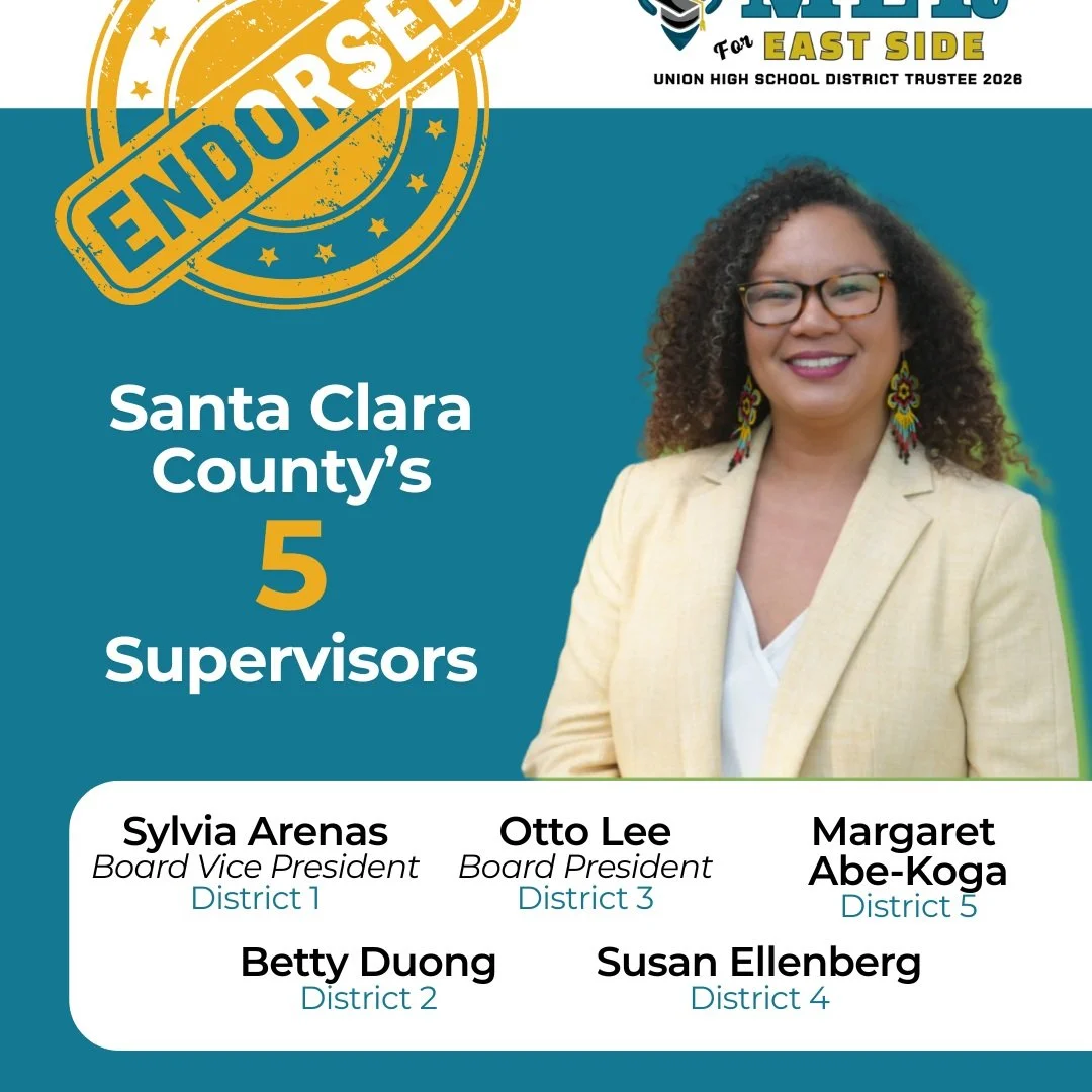 ⚡ENDORSEMENT!⚡
All five (5) Santa Clara County Supervisors endorse MER CURRY NU&Ntilde;EZ!

Thank you:
Sylvia Arenas, District 1 &amp; Board Vice President 
Betty Duong, District 2 
Otto Lee, District 3 &amp; Board President 
Susan Ellenberg, Distric
