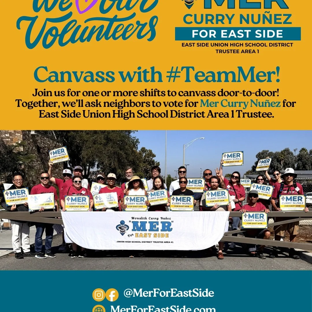 ⏰ Sign up today to walk with #TeamMer in East San Jose!

⭐ Saturday, SEPT 26, shifts from 9:30a-4:00pm
⭐ Shifts throughout October!

Join us for one or more shifts to canvass door-to-door! Together, we'll ask neighbors to vote for Mer Curry Nu&ntilde