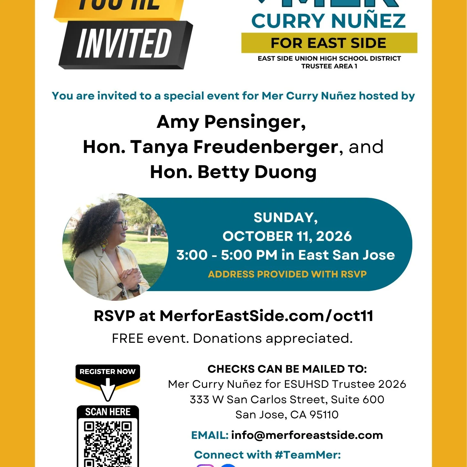 ⏰ Got Plans? Our last #TeamMer event is this Sunday in East San Jose!

Join me, Santa Clara County D2 Supervisor Betty Duong, Former Alum Rock Trustee Tanya Freudenberger, and community leader Amy Pensinger on Sunday, October 11 from 3:00-5:00pm near