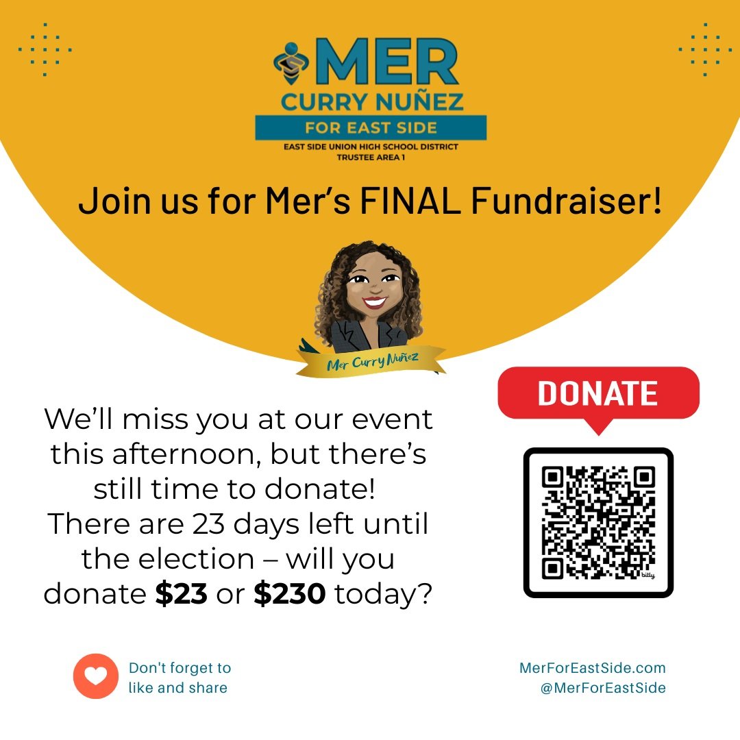 ⏰Join us for my FINAL Fundraiser!

We&rsquo;ll miss you at our event this afternoon, but there&rsquo;s still time to donate! There are 23 days left until the election &ndash; will you donate $23 or $230 today?

Donate at https://secure.numero.ai/cont