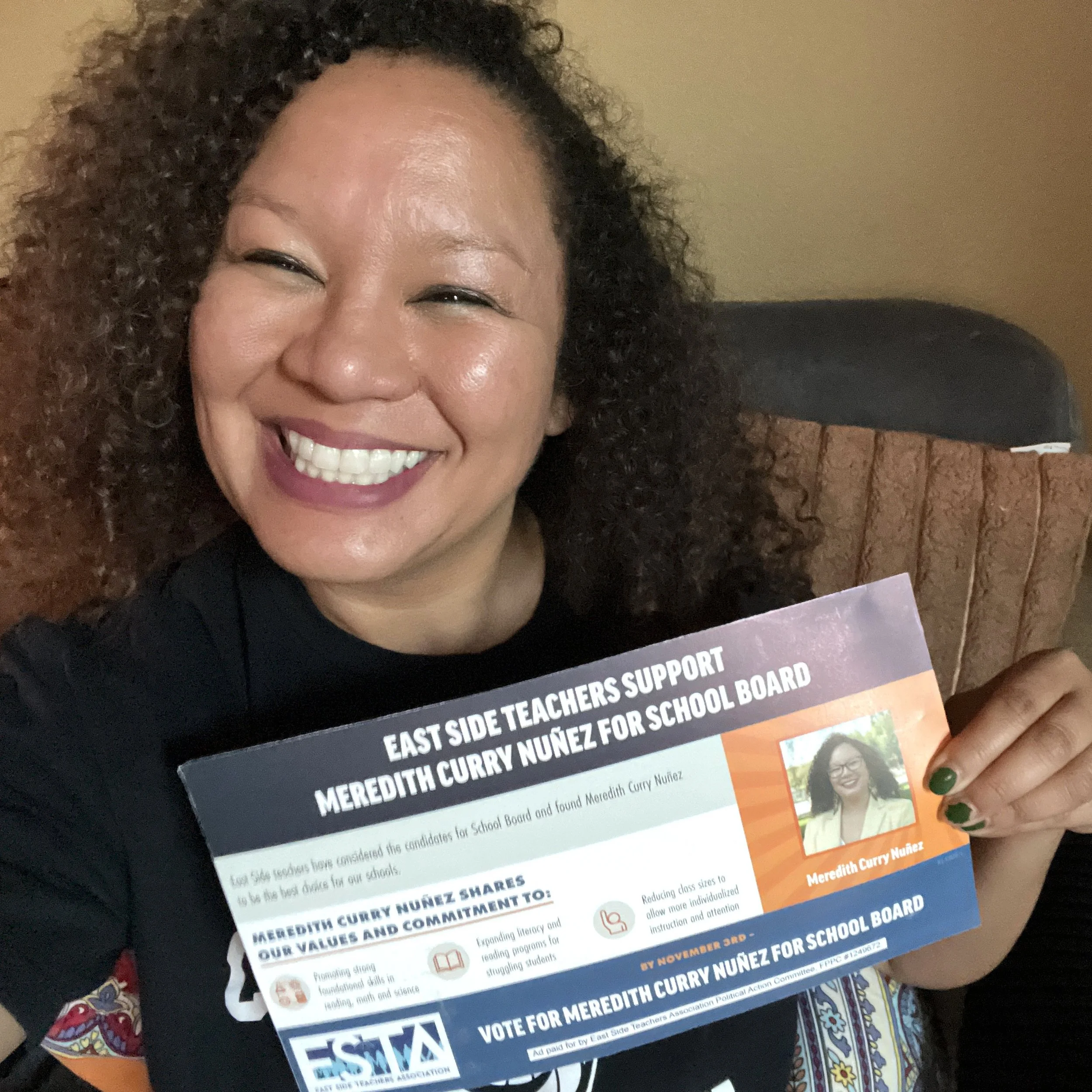 With just over two weeks left before the November 3rd election, my heart is full and my gratitude is high! 😍

My gratitude countdown:

#1 Grateful for the sole endorsement and support of the East Side Teachers Association (ESTA) and the beautiful ma