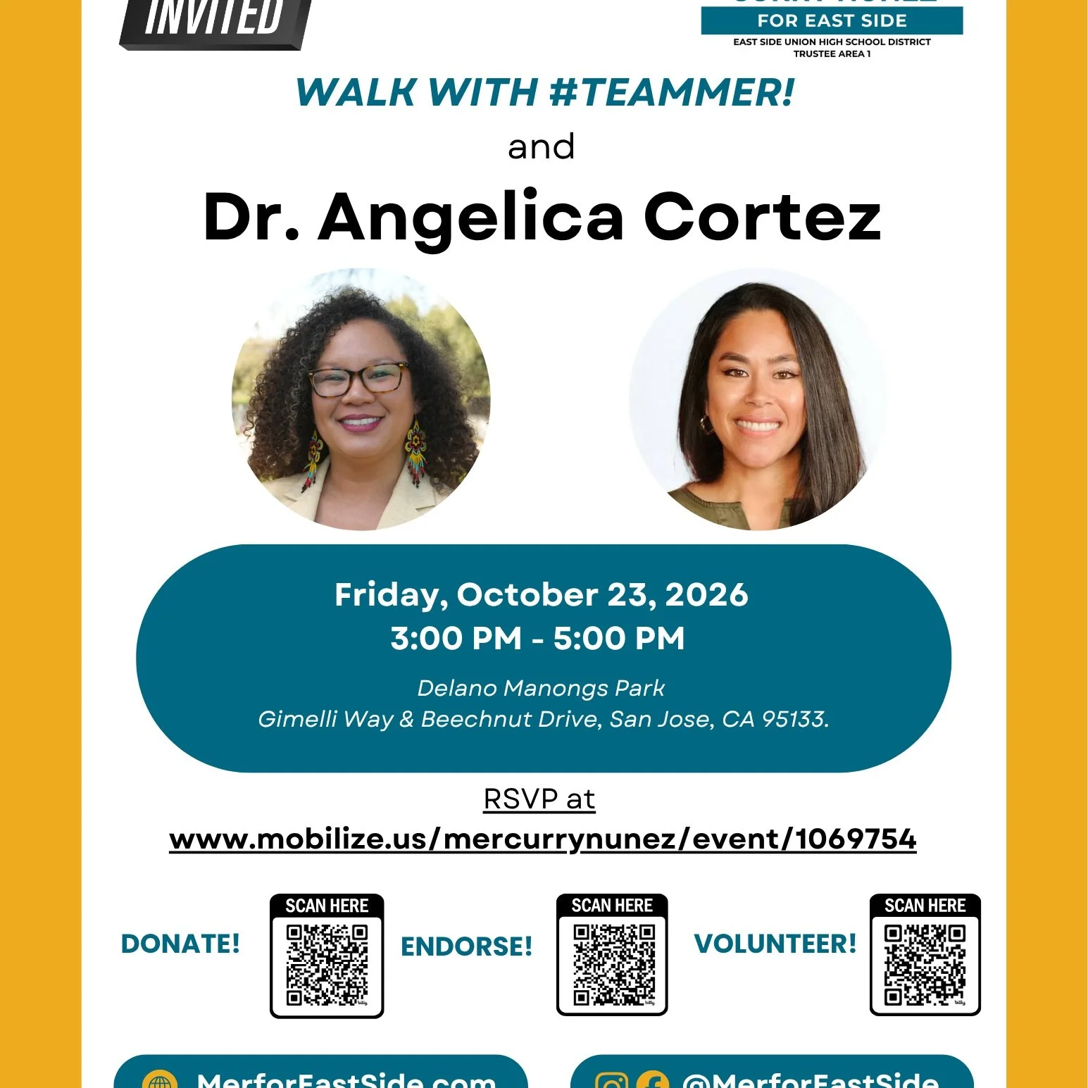 ⏰ There's still time left to support #TeamMer to ensure Mer Curry Nu&ntilde;ez is elected to the East Side Union High School District as the first Trustee for Area 1!

Sign up to Canvass:
👣 Friday 10/23 from 3-5pm with Dr. Angelica Cortez at https:/