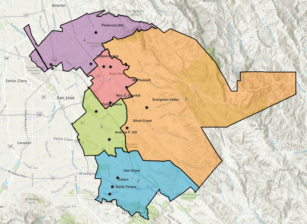 Click for a Google Map of ESUHSD Area 1 drawn based on the map submitted for approval in Fall of 2025. Note that this is not an official map.
