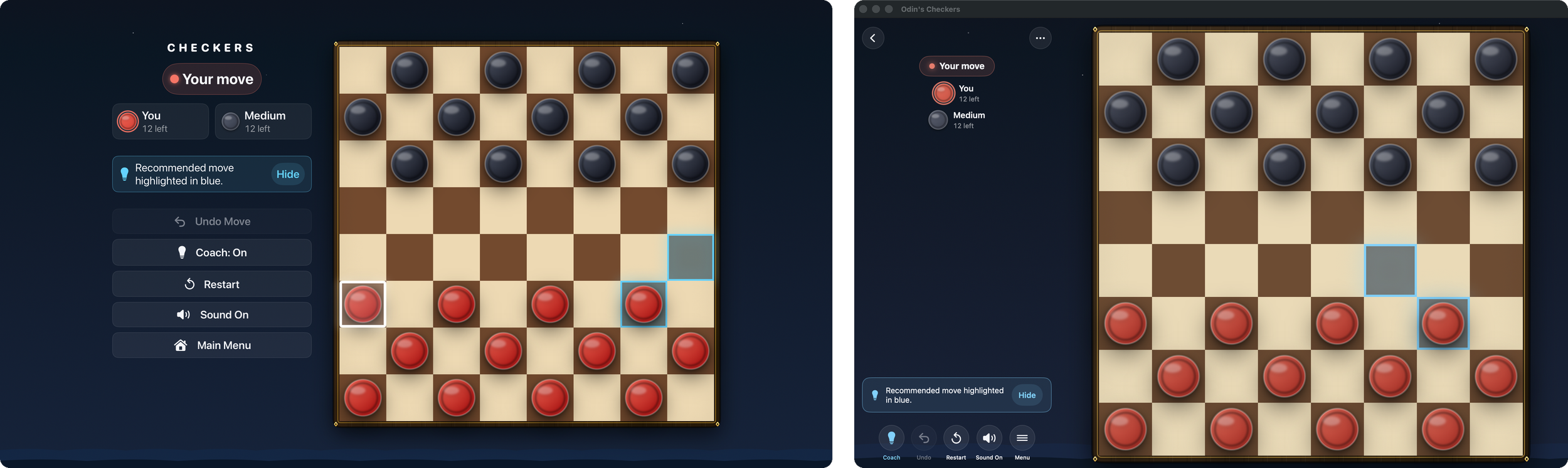 Screenshots of an online checkers game showing the initial positions of red and black pieces on a checkerboard, with game controls and move options on the side.
