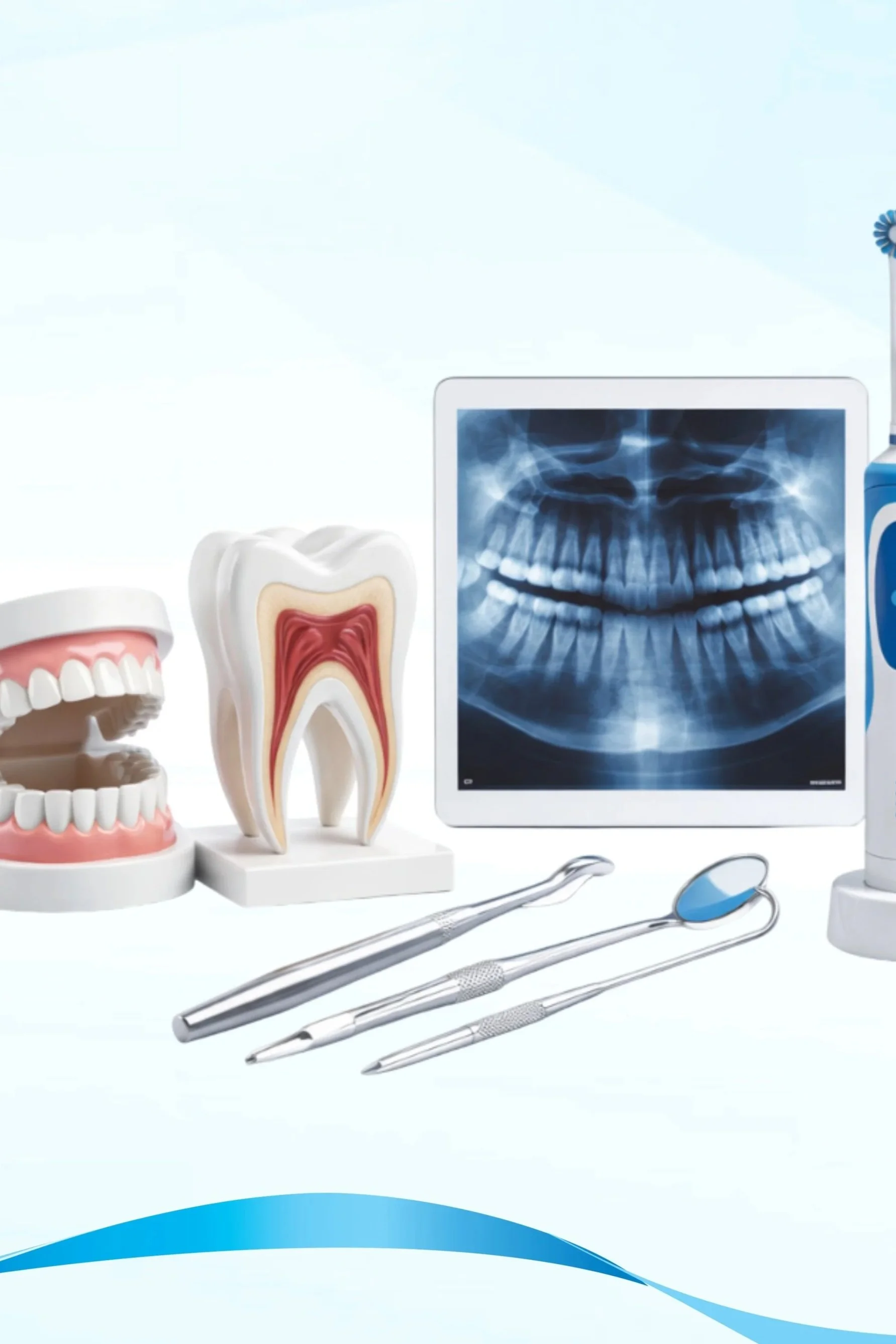 Model of a tooth alongside dental tools including a mirror, explorer, tweezers, and a syringe, on a light blue background.