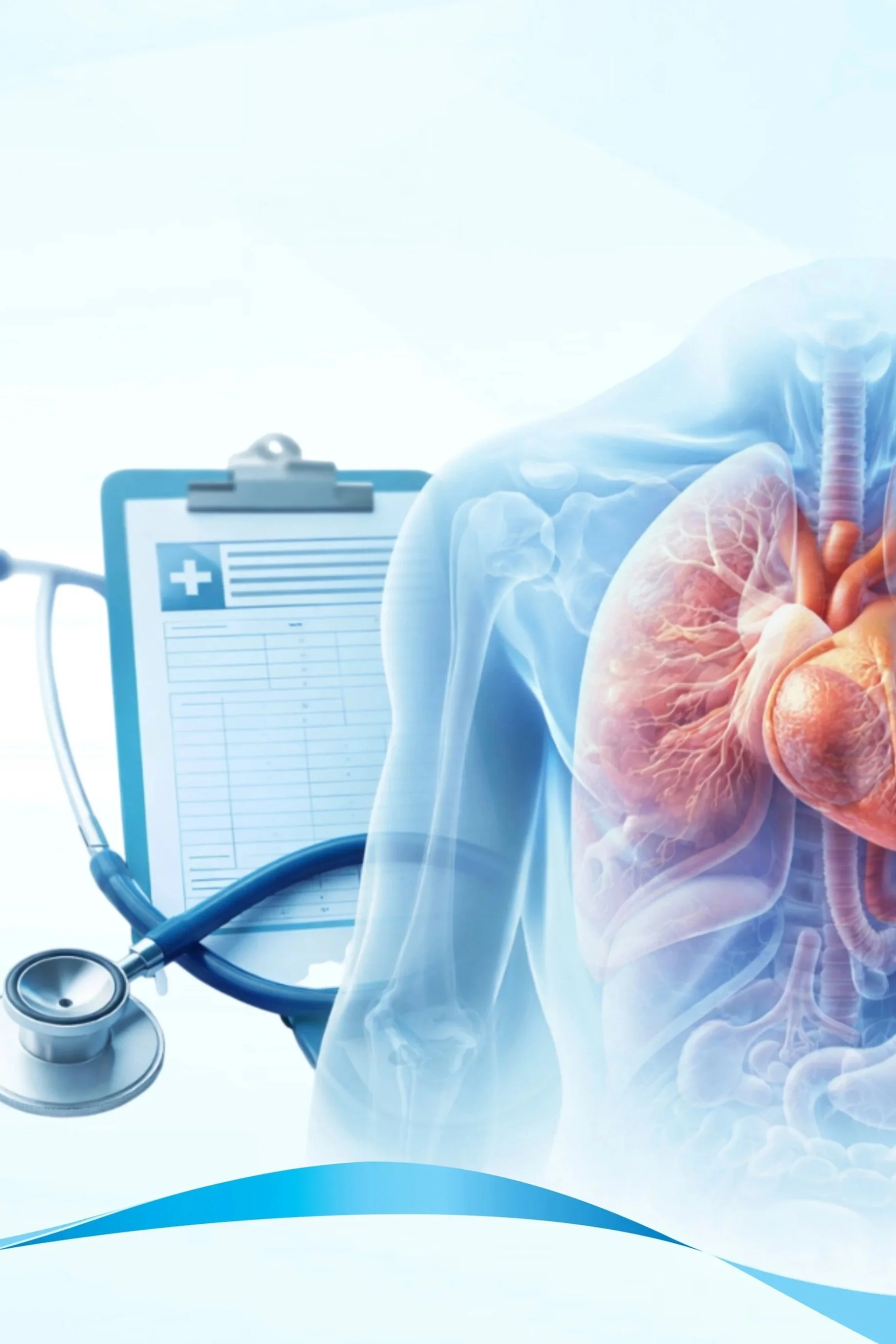 Medical items including a stethoscope, pills, and medication bottles on a light blue background.