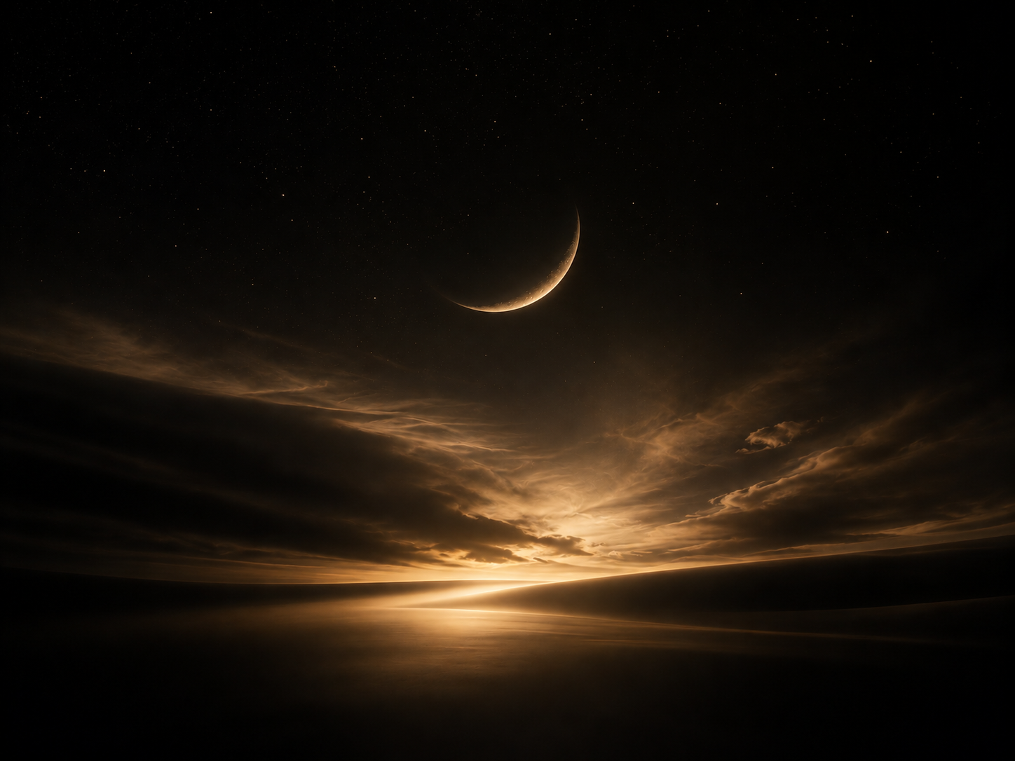 Luna creciente sobre un cielo nocturno con nubes iluminadas.