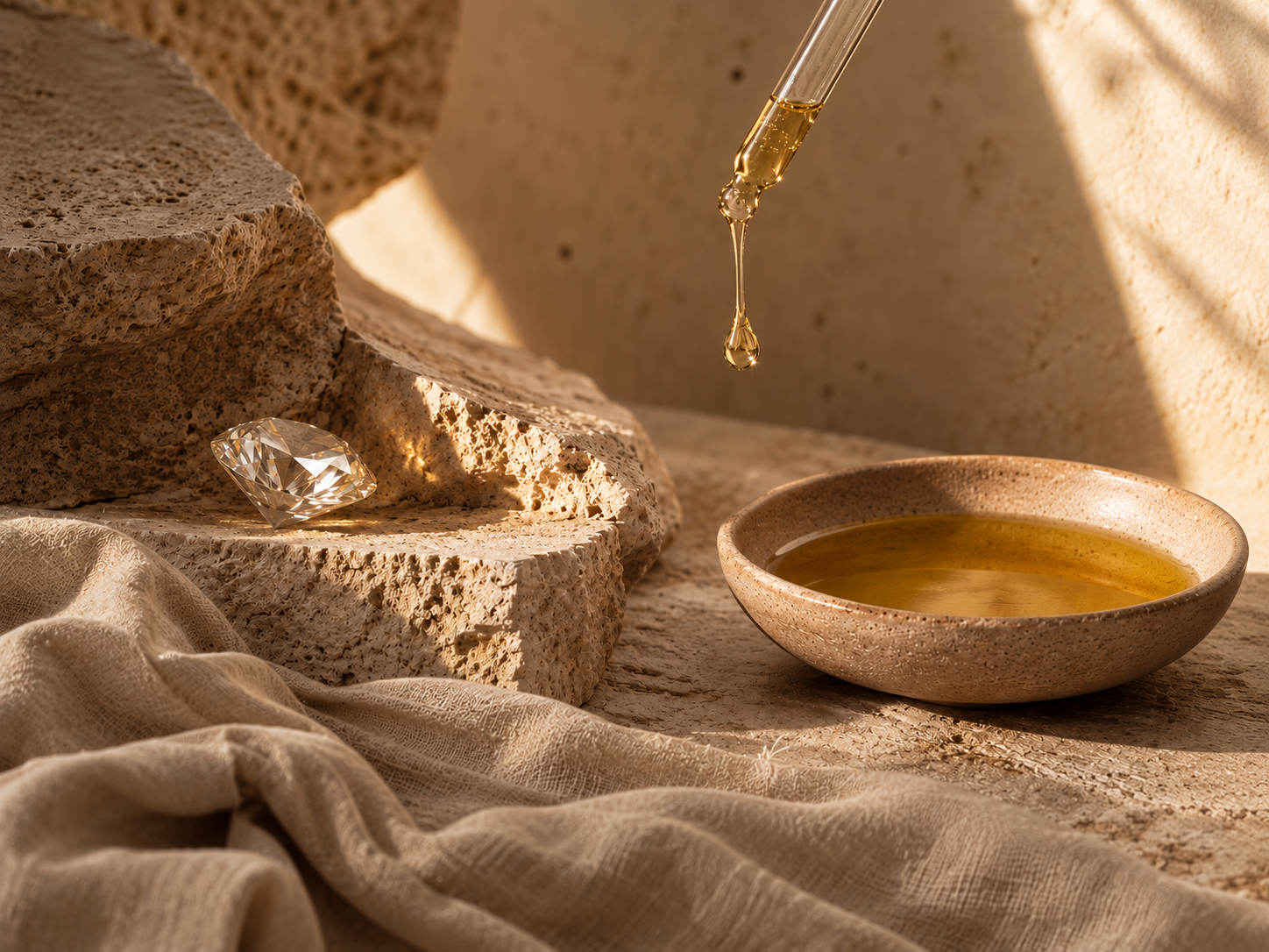 Gota de aceite dorado junto a un diamante, piedras naturales y un cuenco sobre tejidos beige.Gotero con aceite dorado cayendo sobre un cuenco con aceite, rodeado de piedras y tela de color beige