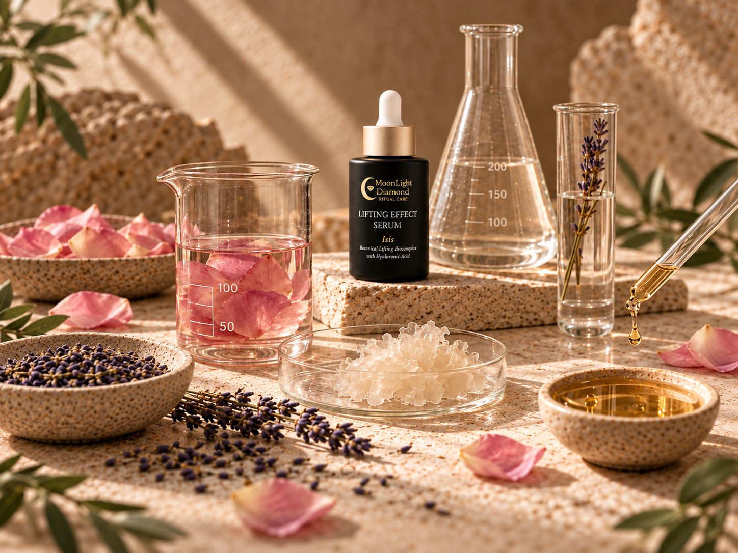 Frasco del sérum facial de la colección ISIS entre material de laboratorio, pétalos de rosa, lavanda y materias primas cosméticas.