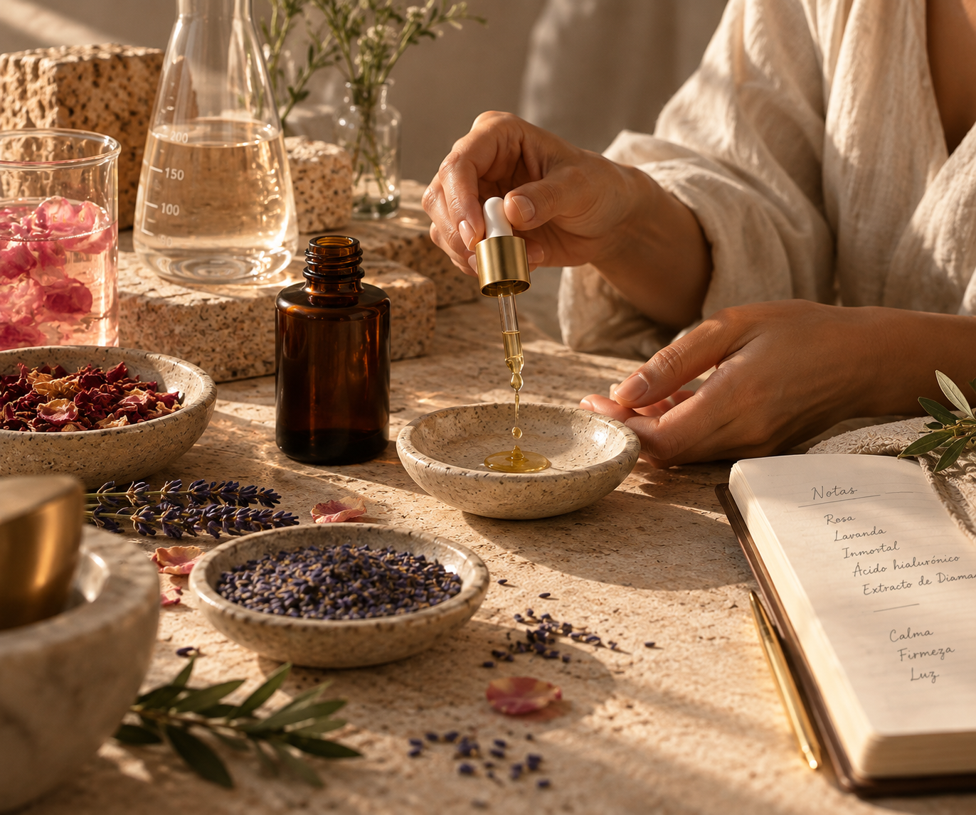 Manos dosificando una fórmula cosmética con un gotero, rodeadas de un frasco ámbar, flores secas y notas de formulación
