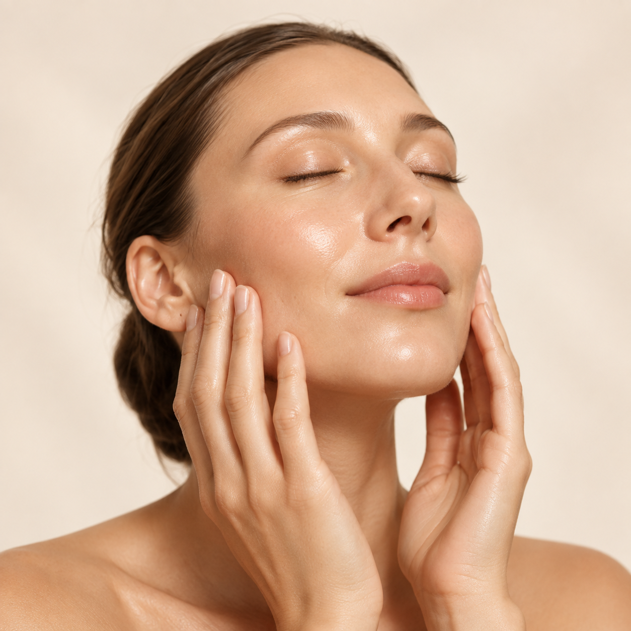 Mujer masajeando el sérum facial sobre las mejillas.
