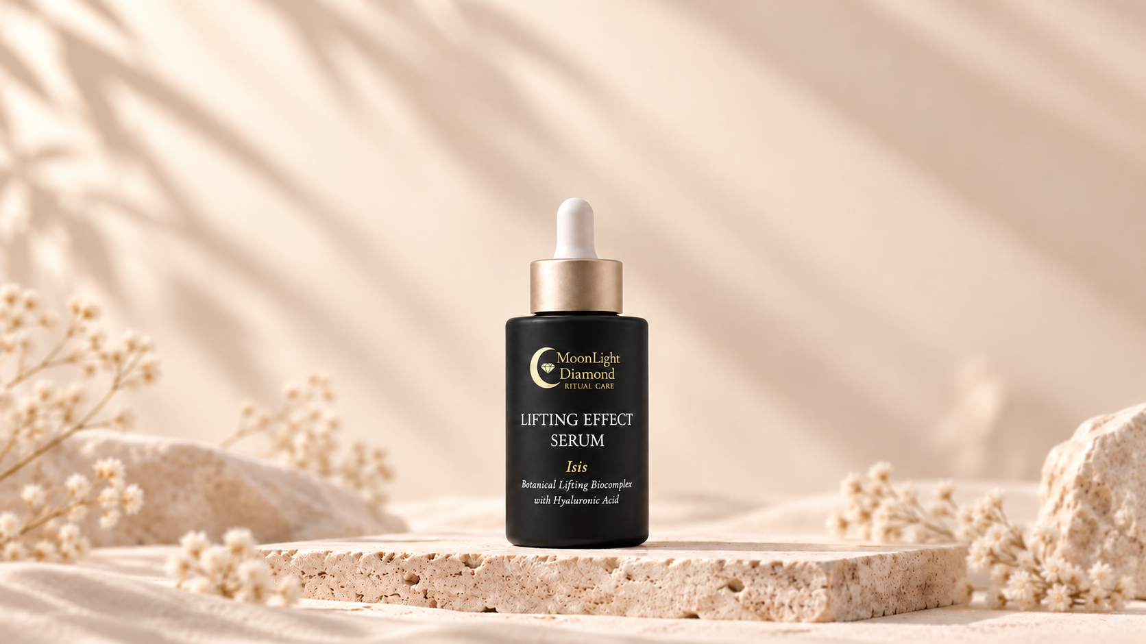 Frasco del sérum facial efecto lifting de la colección ISIS, rodeado de flores y sus ingredientes clave.