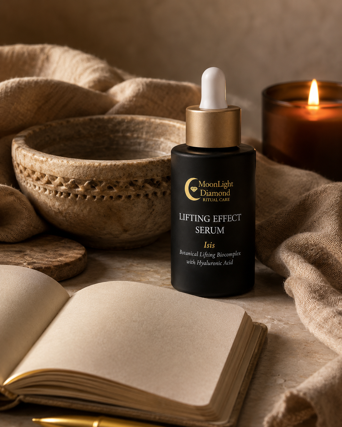 Frasco negro del sérum facial efecto lifting de la colección ISIS junto a un libro y una vela encendida.