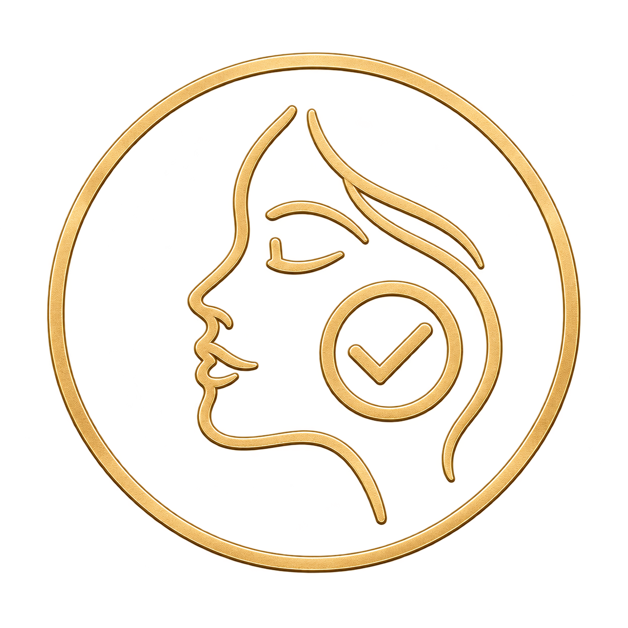 Icono de perfil de rostro humano en perfil, con una marca de verificación en el rostro, todo en línea de color dorado.