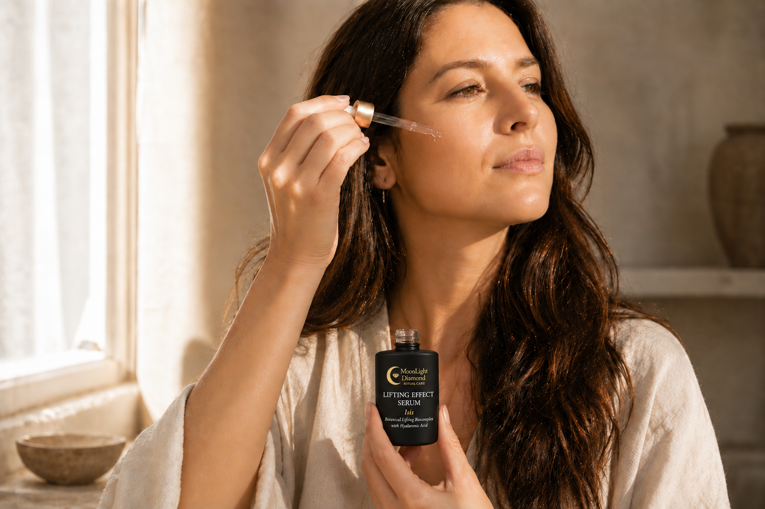 mujer aplicándose sérum facial con un gotero durante su ritual de cuidado de la mañana.