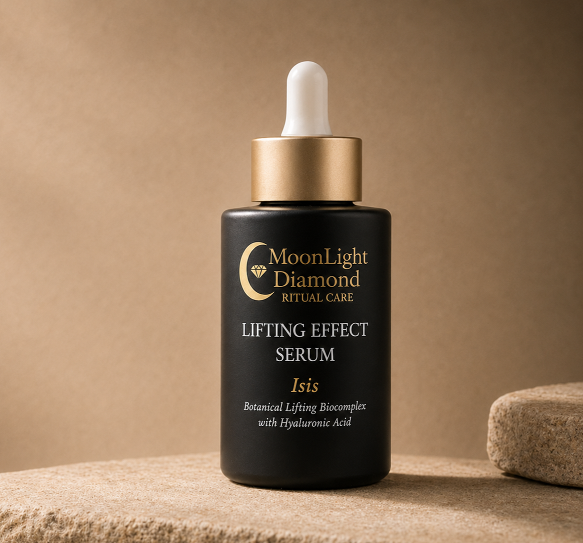 Frasco negro del sérum facial Lifting Effect de MoonLight Diamond con gotero dorado sobre fondo beige.