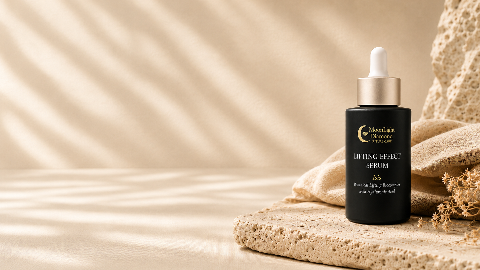 Frasco negro del sérum facial efecto lifting de la colección ISIS sobre un fondo beige con tela y flores secas.