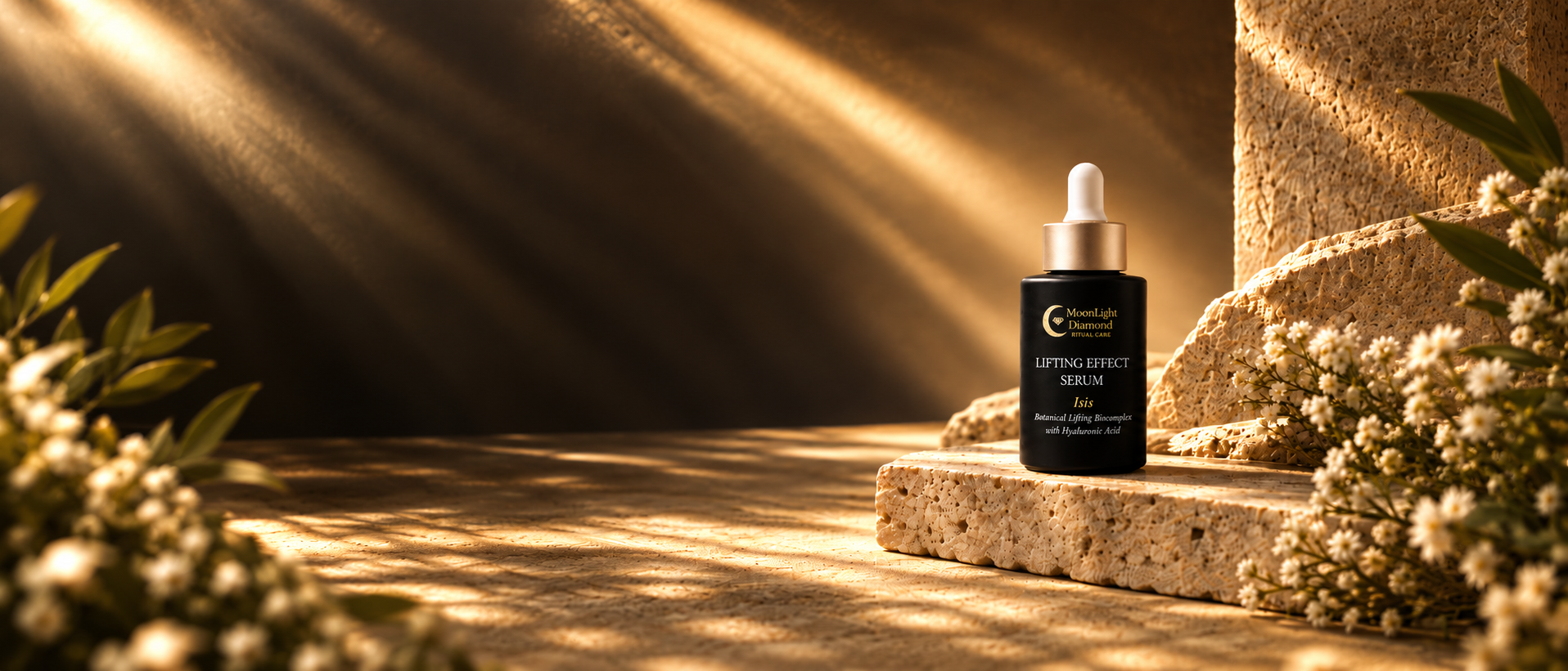 Frasco negro del sérum facial efecto lifting de MoonLight Diamond sobre piedra, rodeado de flores blancas y luz cálida.