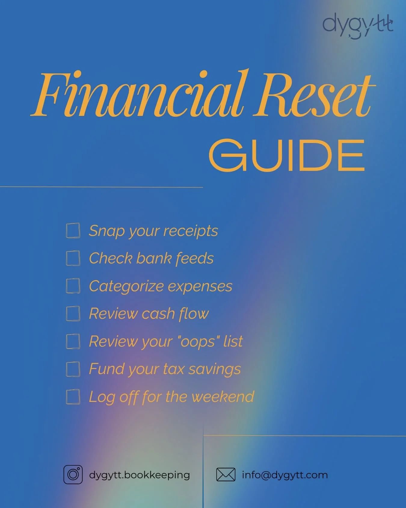 🧘 The only &ldquo;reset&rdquo; your business actually needs.
Friday afternoon is for closing tabs, not just your laptop. Spending 5 minutes on your books now means you won&rsquo;t spend Monday morning wondering where your profit went.

The dygytt Fr