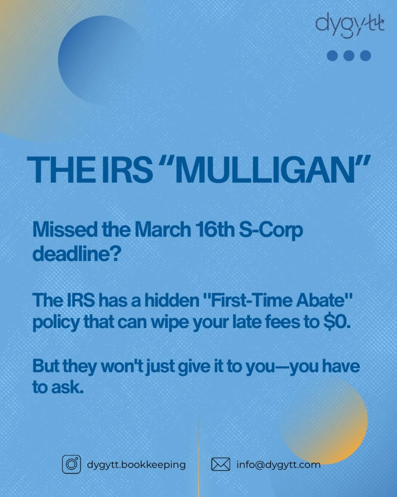 💸 Missed the deadline? Don&rsquo;t panic-pay that bill yet.
If Monday&rsquo;s S-Corp/Partnership deadline came and went while you were still hunting for receipts, the IRS is already starting the clock on a $245 per month, per shareholder penalty.

B