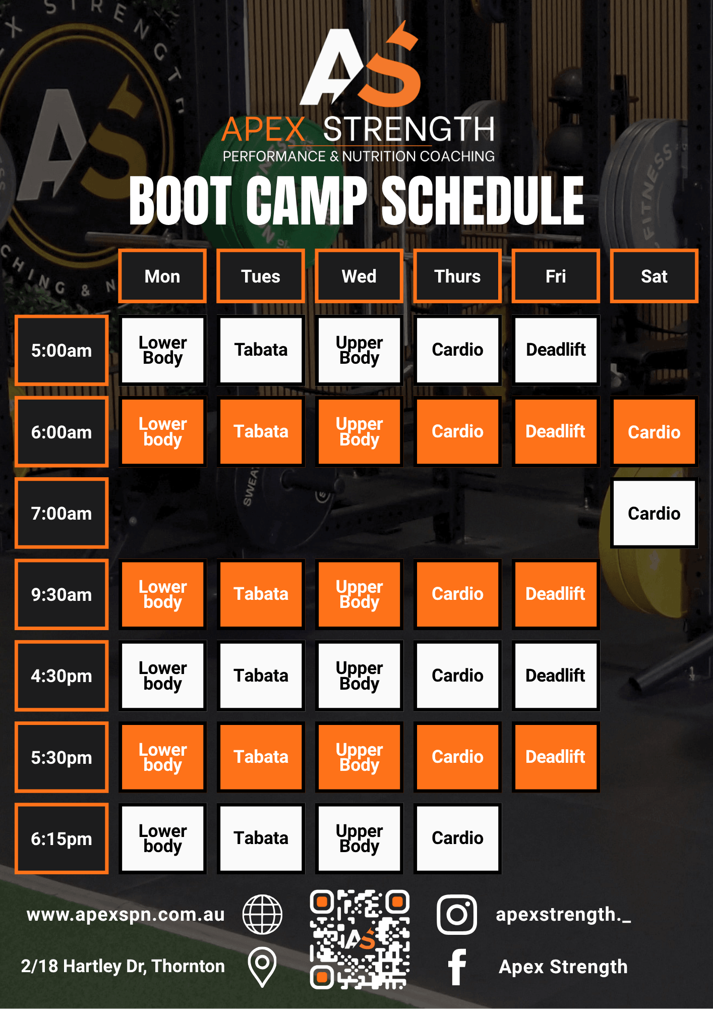 Schedule of workout classes at Apex Strength, including days and times, with a background of gym equipment and weights.
