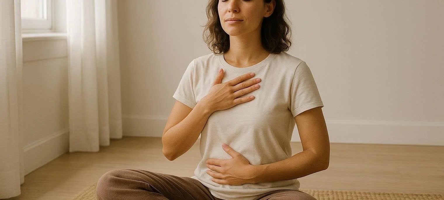 A person placing a hand on their chest, signaling calm and self-soothing.