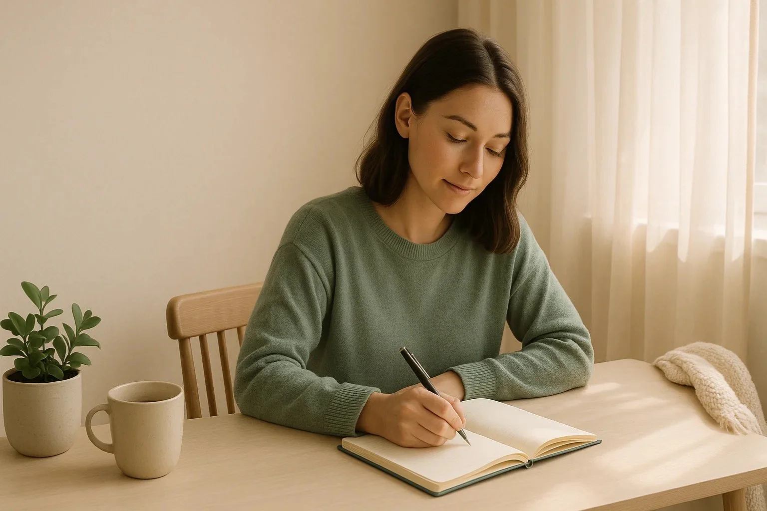 Middle-aged woman journaling at a wooden table with tea in soft natural light. Image represents combining coaching modalities, trauma-informed coaching, somatic grief healing, and reflective integration during life transitions.