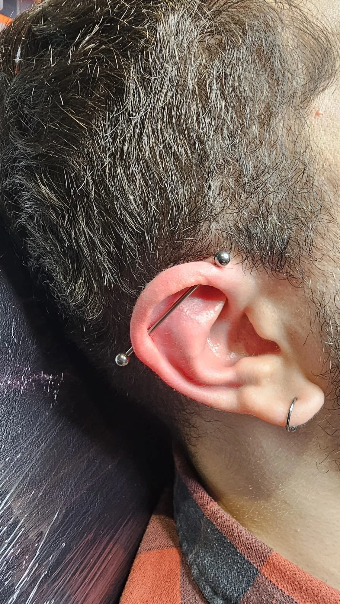 Close-up of a person's head with brown and gray hair and multiple piercings in the ear, including a barbell piercing at the helix, a hoop in the earlobe, and an industrial piercing connecting two points in the upper ear.