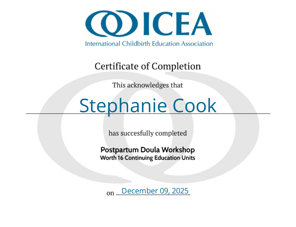 Certificate of completion from the International Childbirth Education Association awarded to Stephanie Cook for completing a Postpartum Doula Workshop on December 09, 2025, worth 16 continuing education units.
