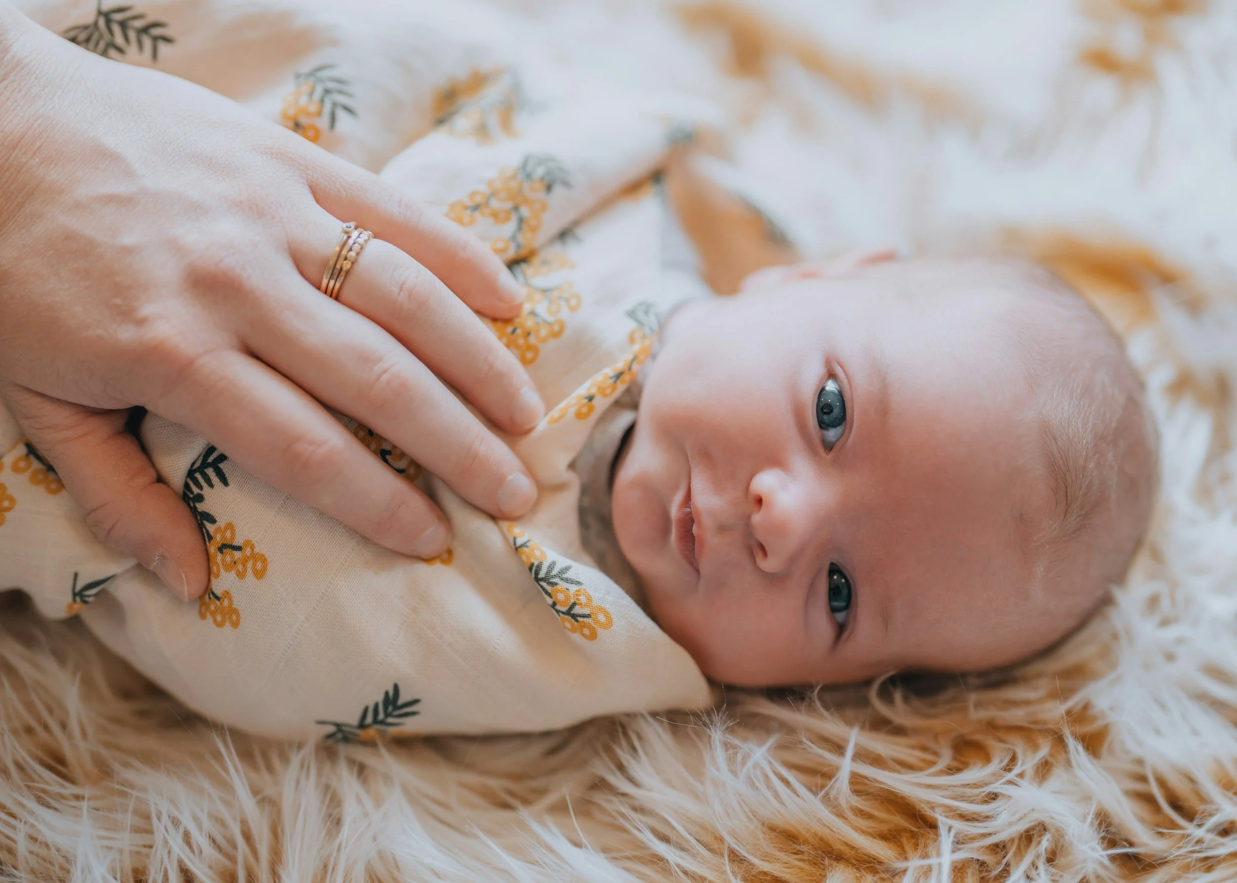 A baby with blue eyes lying on a furry surface, with a caring hand gently resting on them.