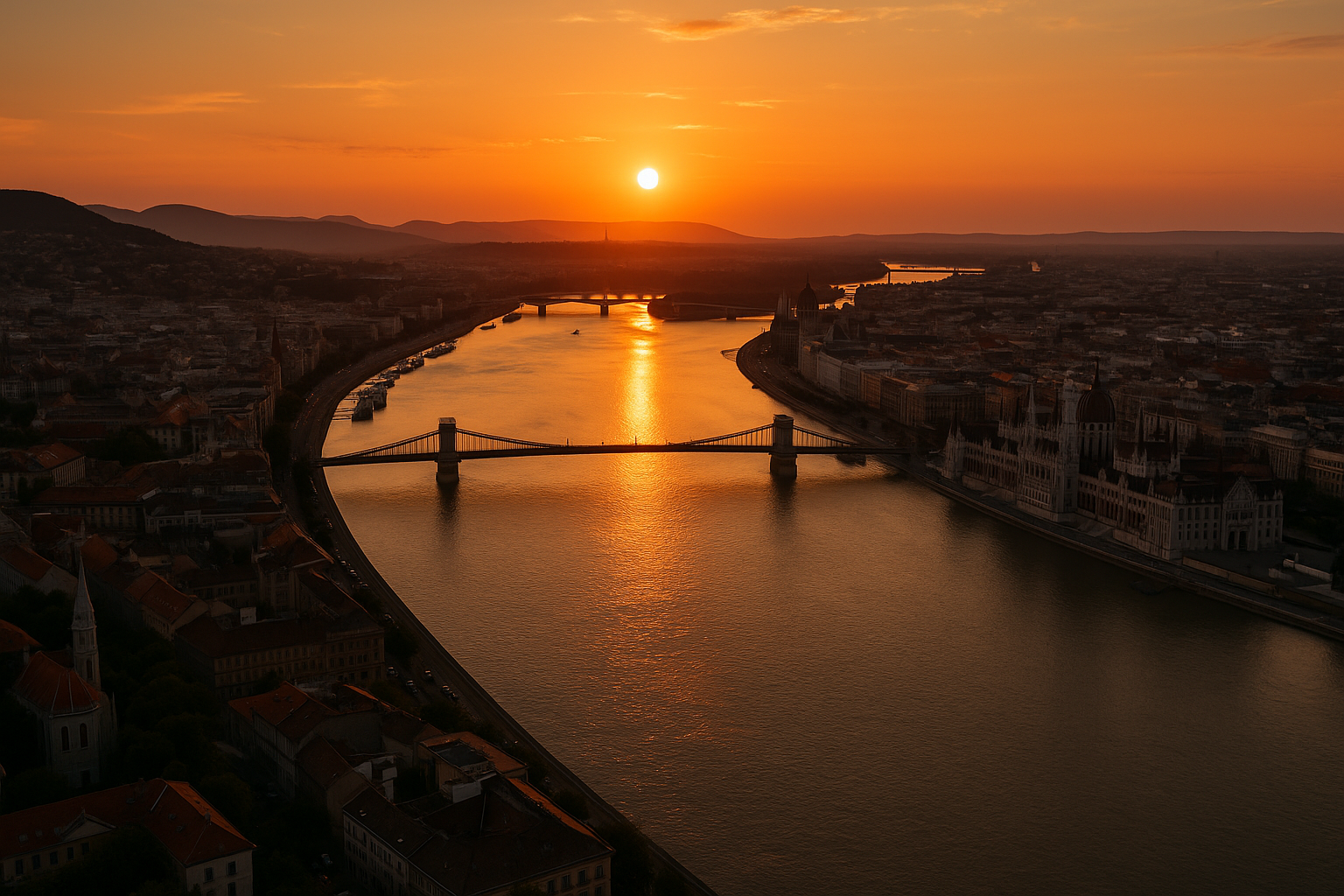 Aerial view of a city at sunset with a river flowing through it, bridges crossing the river, and historic buildings along the riverbank.