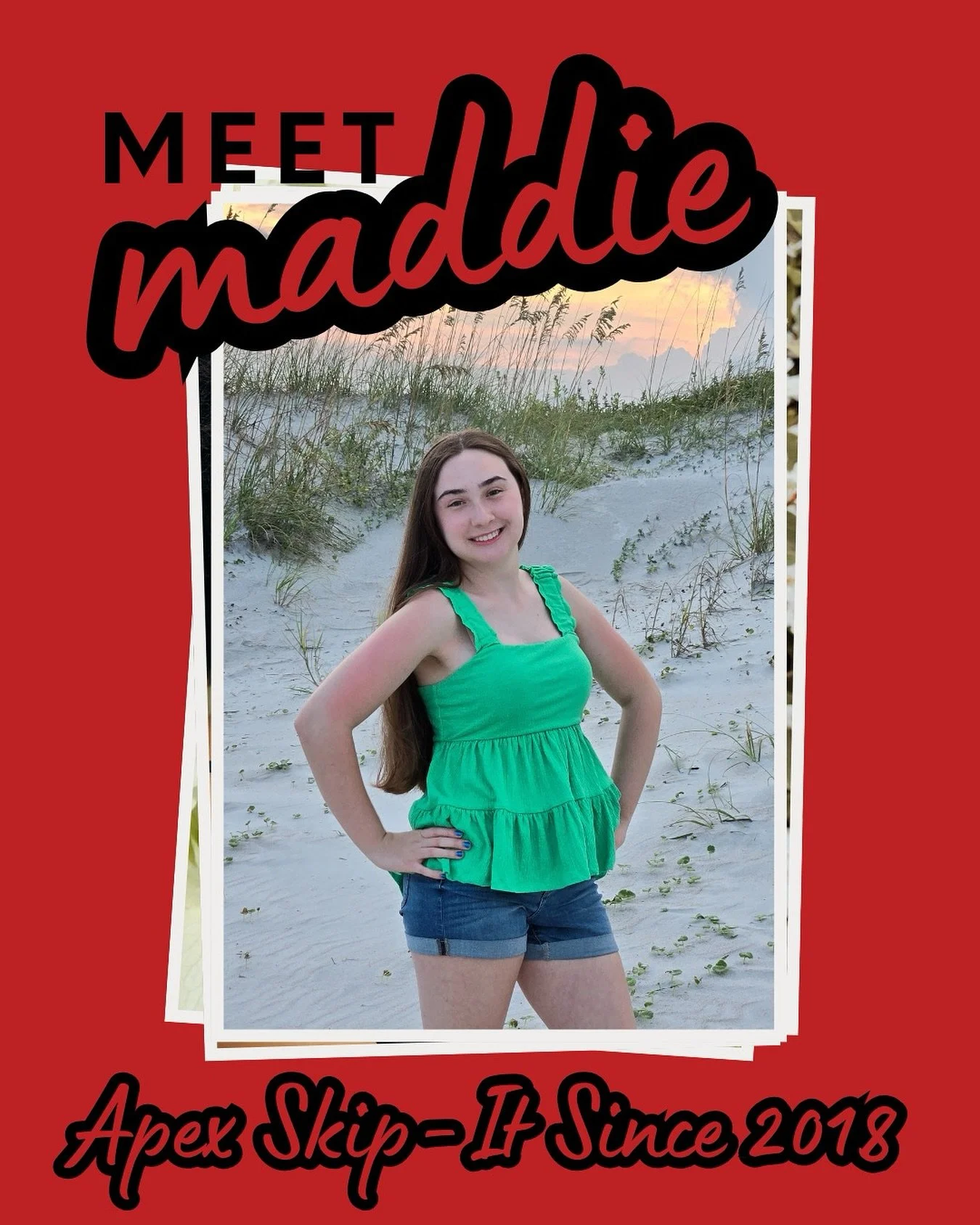 Meet Maddie! She’s a Captain, mentor, and part of Skip-Its Serve. Maddie’s been jumping since 2018 and loves skills like the Marley or EB Toad. Hardest trick? Partner push-up in double dutch! Her pump-up jams are The Champion and Better W