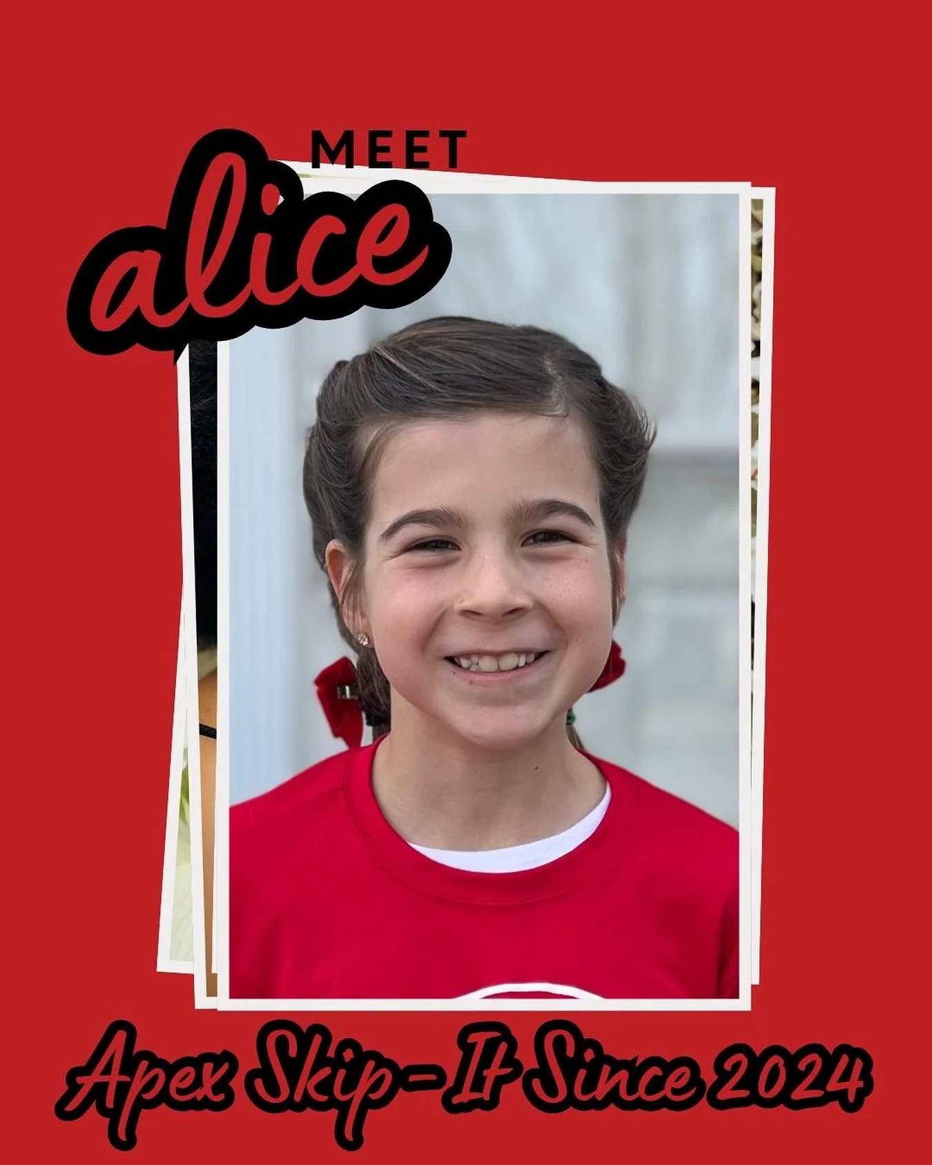 Say hi to Alice! She joined the Skip-Its in 2024 and is already wowing us with moves like the Side Cross Double Under and the Awesome Annie. If she could perform anywhere, it would be under the Eiffel Tower 🇫🇷 &mdash; and honestly, we can totally p