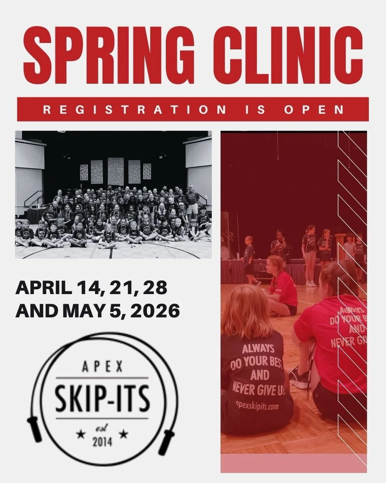 Registration for our Apex Skip-Its Spring Clinic is officially OPEN!
We&rsquo;re opening early this year&mdash;right in the middle of parade season&mdash;so all the friends who cheer for us along the route can look forward to joining the fun this spr