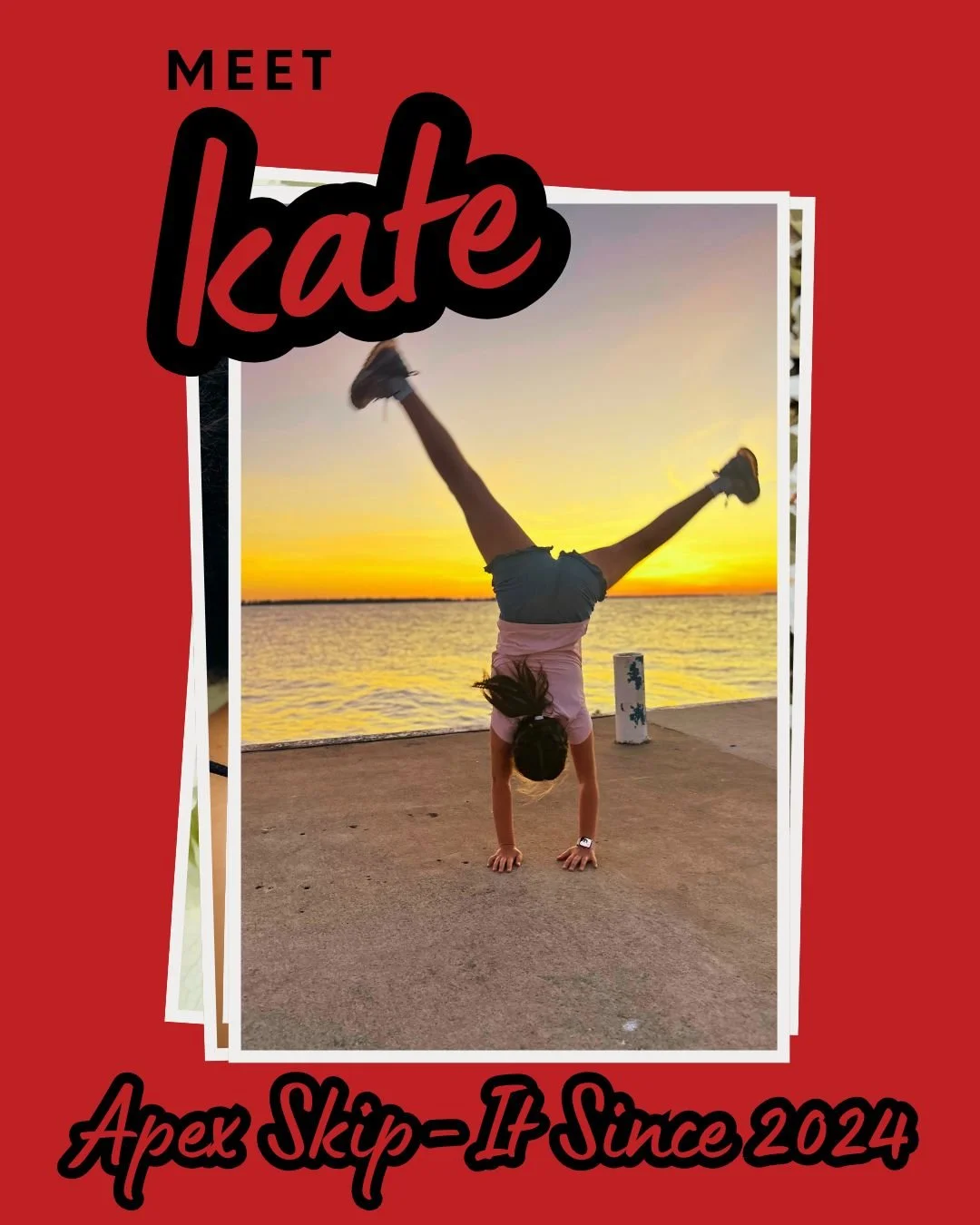 Kate joined Skip-Its in 2024 and proudly identifies as a Munchkin. She loves snake rope release or carousel and has powered through 65 double unders. Taylor Swift is her favorite jump rope music, and a fun hidden talent is being able to do a headstan