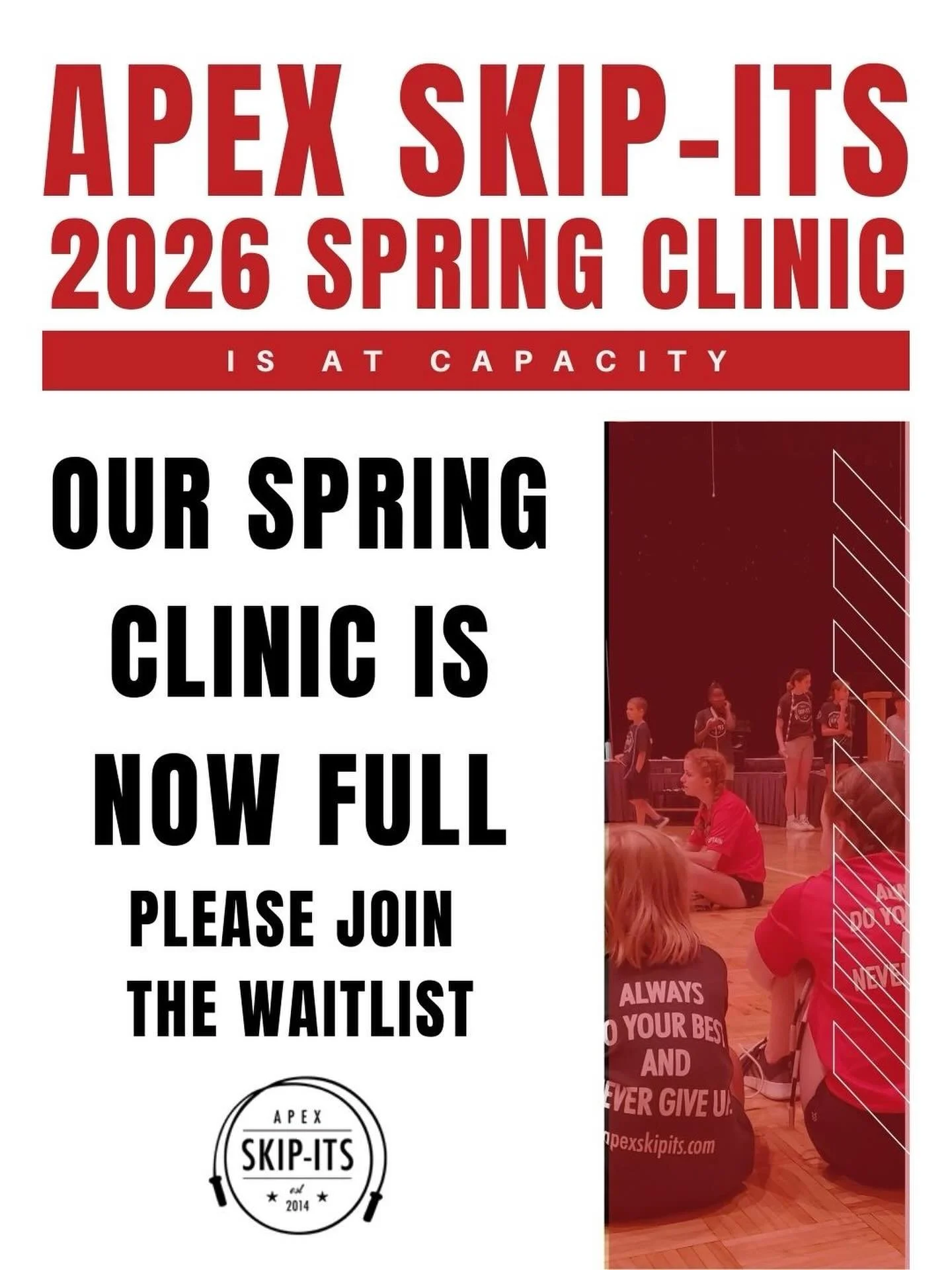 🎉 SOLD OUT + feeling the love! 🎉

Our Apex Skip-Its Spring Clinic is officially at capacity, and we couldn&rsquo;t be more excited! We&rsquo;re counting down to April and can&rsquo;t wait to jump with the 56 amazing kiddos who are registered. 

Mis