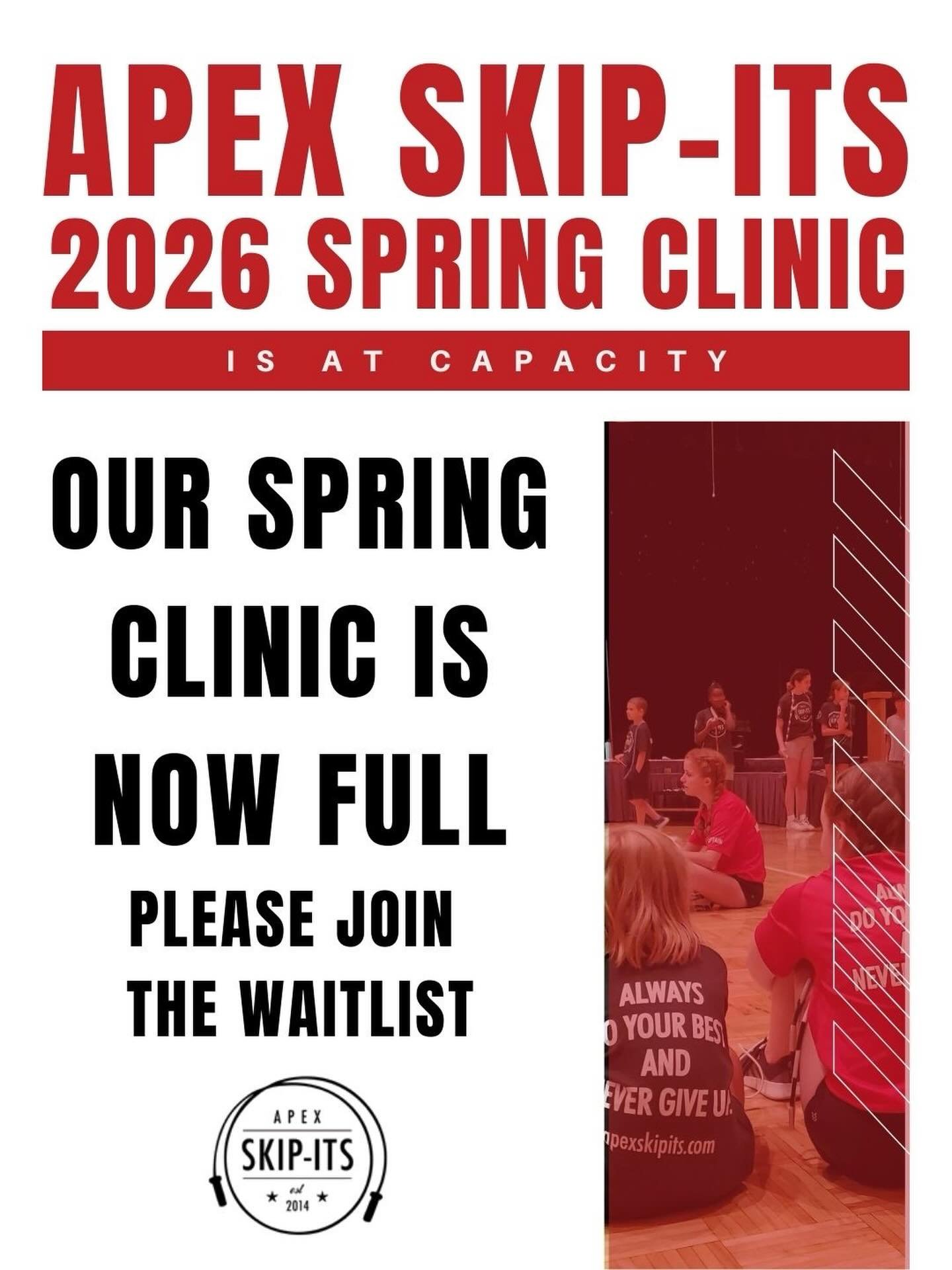 🎉 SOLD OUT + feeling the love! 🎉

Our Apex Skip-Its Spring Clinic is officially at capacity, and we couldn&rsquo;t be more excited! We&rsquo;re counting down to April and can&rsquo;t wait to jump with the 56 amazing kiddos who are registered. 

Mis