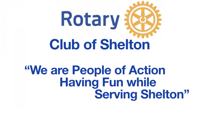 Rotary Club of Shelton logo with gear symbol and slogan 'We are People of Action Having Fun while Serving Shelton'