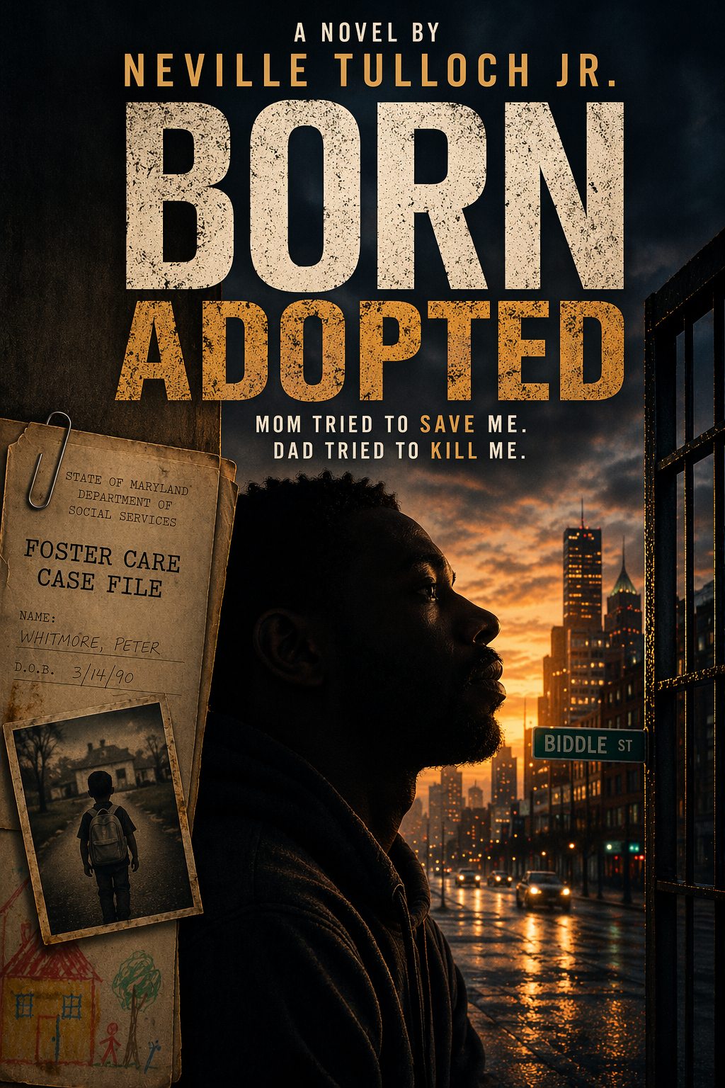 Book cover titled 'Born Adopted' by Neville Tulloch Jr., featuring a silhouette of a man looking out a city window at sunset, with an urban skyline in the background and a foster care case file with a photograph of a child on the left.
