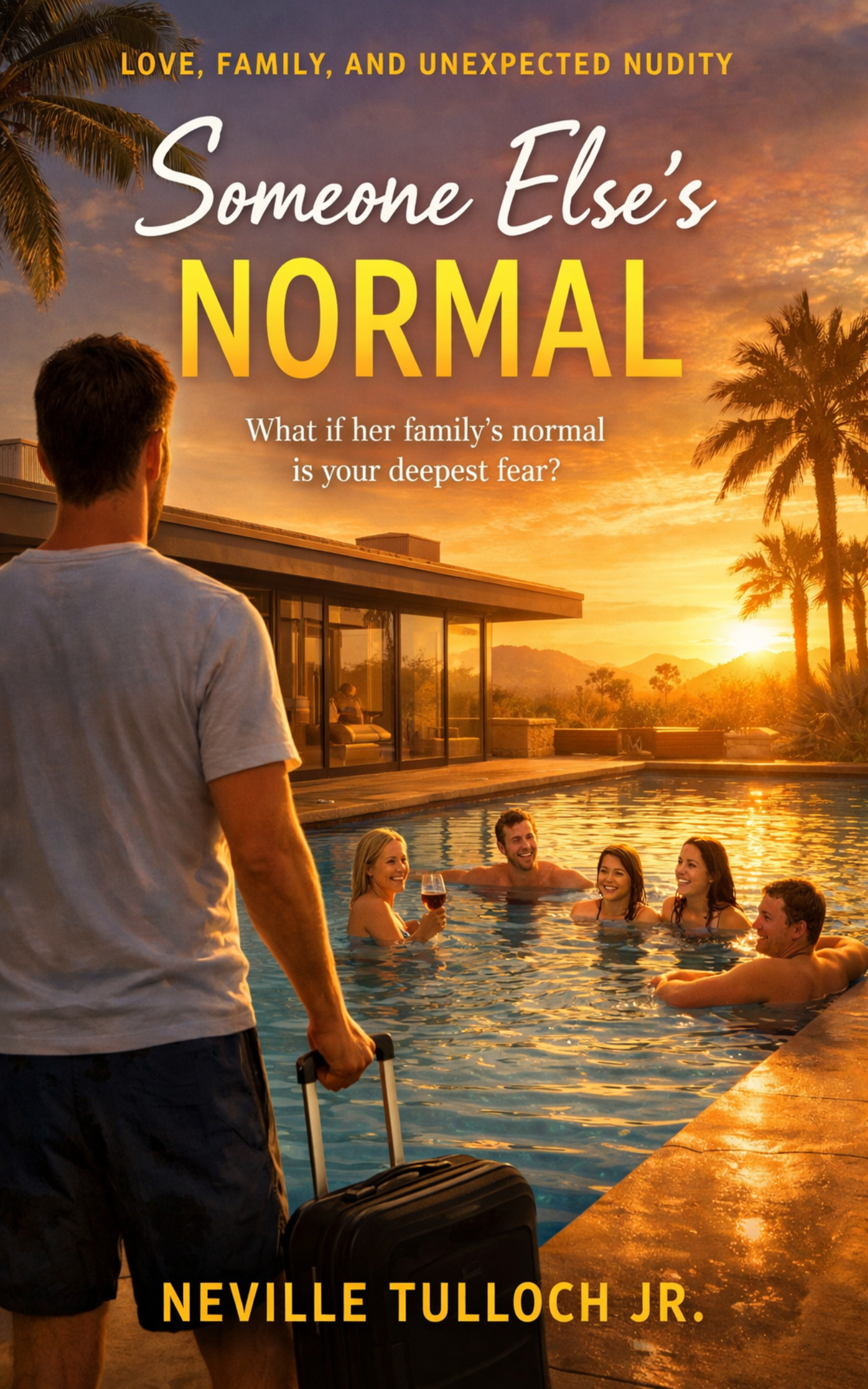 A group of five friends enjoying a pool party during sunset, with four people in the pool and one person standing outside with a rolling suitcase.