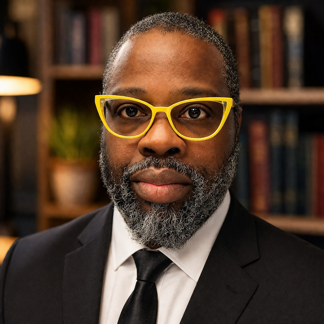A close-up portrait of a Black man with gray hair and beard, wearing yellow glasses, a black suit, white shirt, and black tie, in a room with bookshelves in the background.