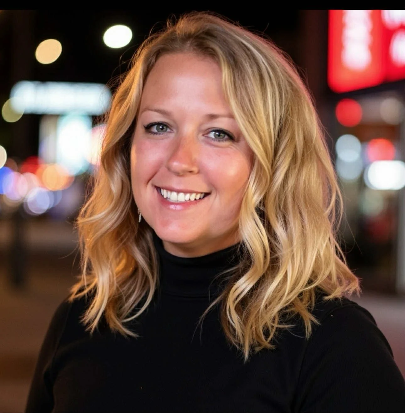 A woman with blonde, wavy hair smiling, wearing a black top, with a green leafy background.