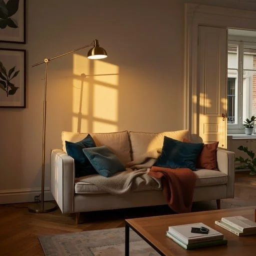 Salon avec canapé beige, plusieurs coussins, lampe sur pied, et soleil couchant projetant une lumière chaude sur le mur.