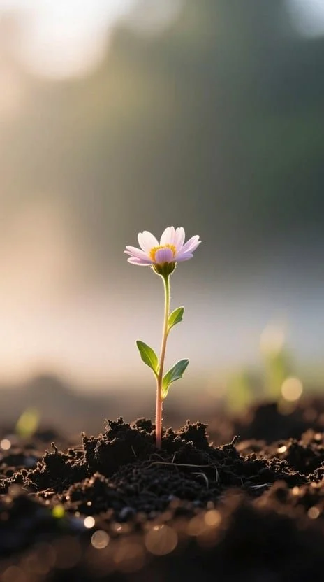Une petite fleur blanche avec un centre jaune pousse dans le sol.