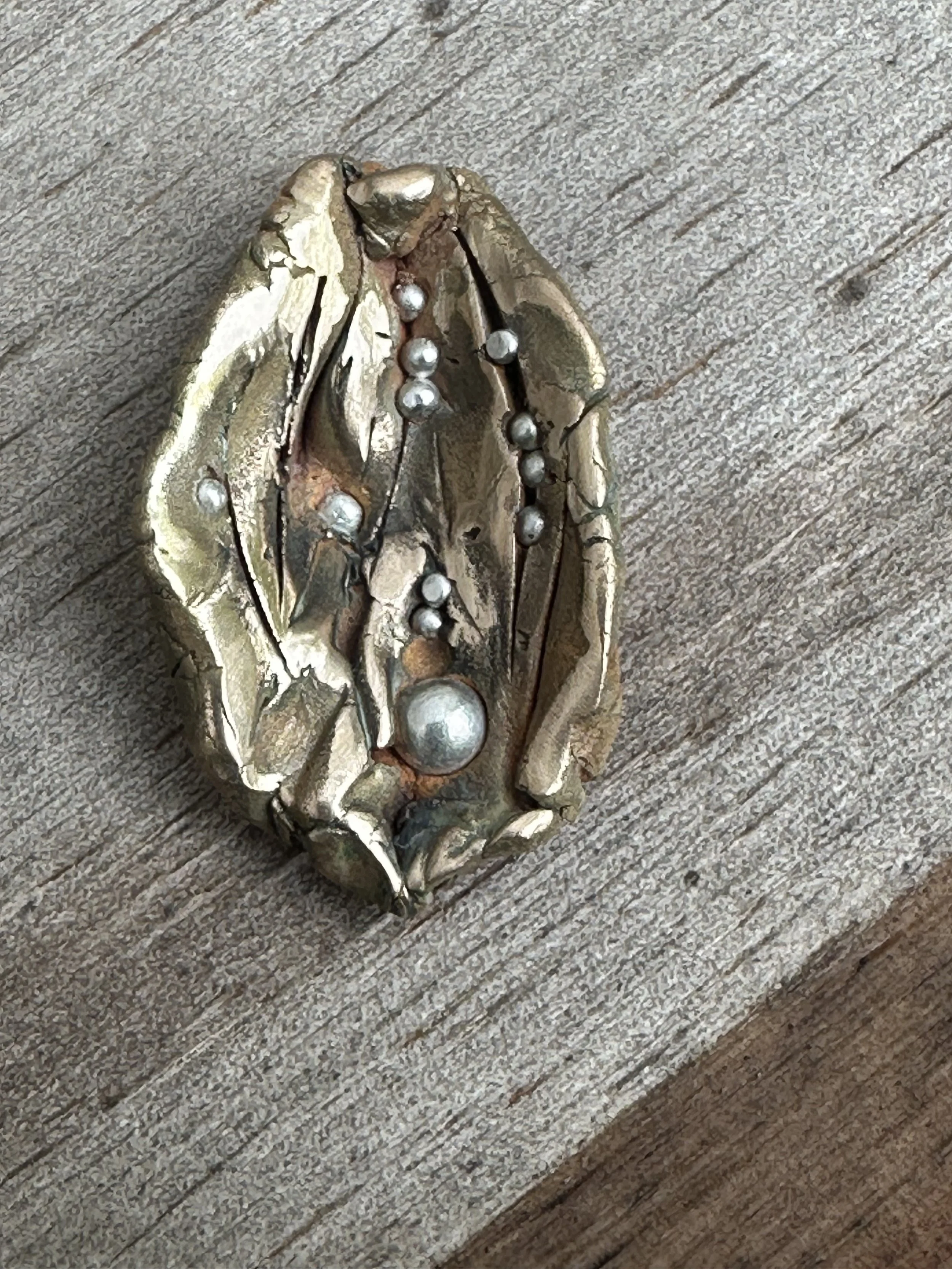 Handmade Bronze Oyster Ring with sterling accents