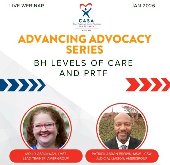 CASA Volunteers: Check out this webinar happening TOMORROW!

➡Wednesday, January 28
➡11:30am-1:00pm
➡Register for the live webinar Here:
https://us06web.zoom.us/webinar/register/WN_o3mo_Ci7TH-W6PM5BPf9RQ#/registration

BH Levels of Care and PRTF will