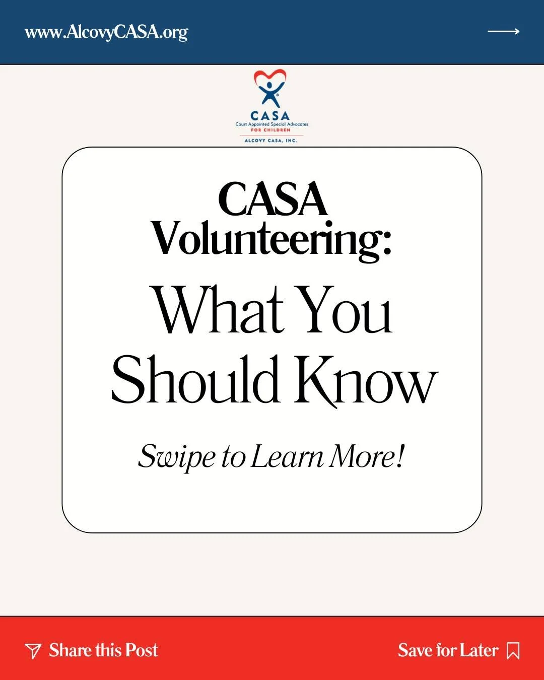 Swipe through to learn about: 

✅What CASA stands for
✅Who CASAs advocate for and what they do
✅Training requirements
✅Application information
✅And how to contact us!

Share this post to your feed to help us recruit more community members who are wil