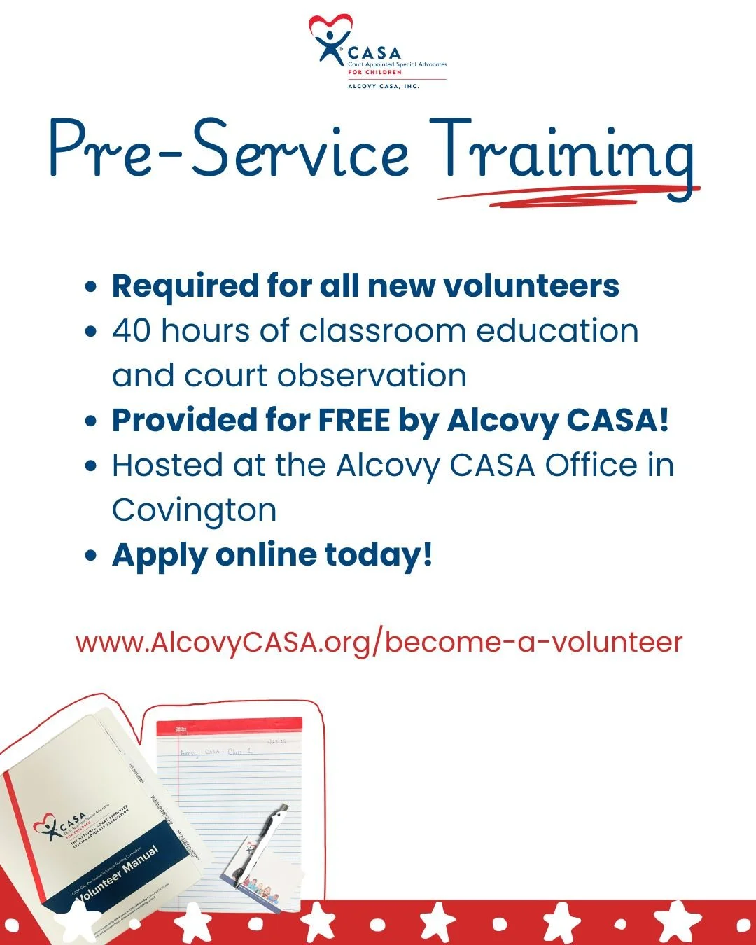 Thinking of becoming an Alcovy CASA Volunteer? Apply today and join one of our Pre-Service trainings! 

⭐Our February class will be from 9:30am-12:30pm on Mondays and Wednesdays. Applications due January 28th!

⭐Our June/July class will be from 5:30p